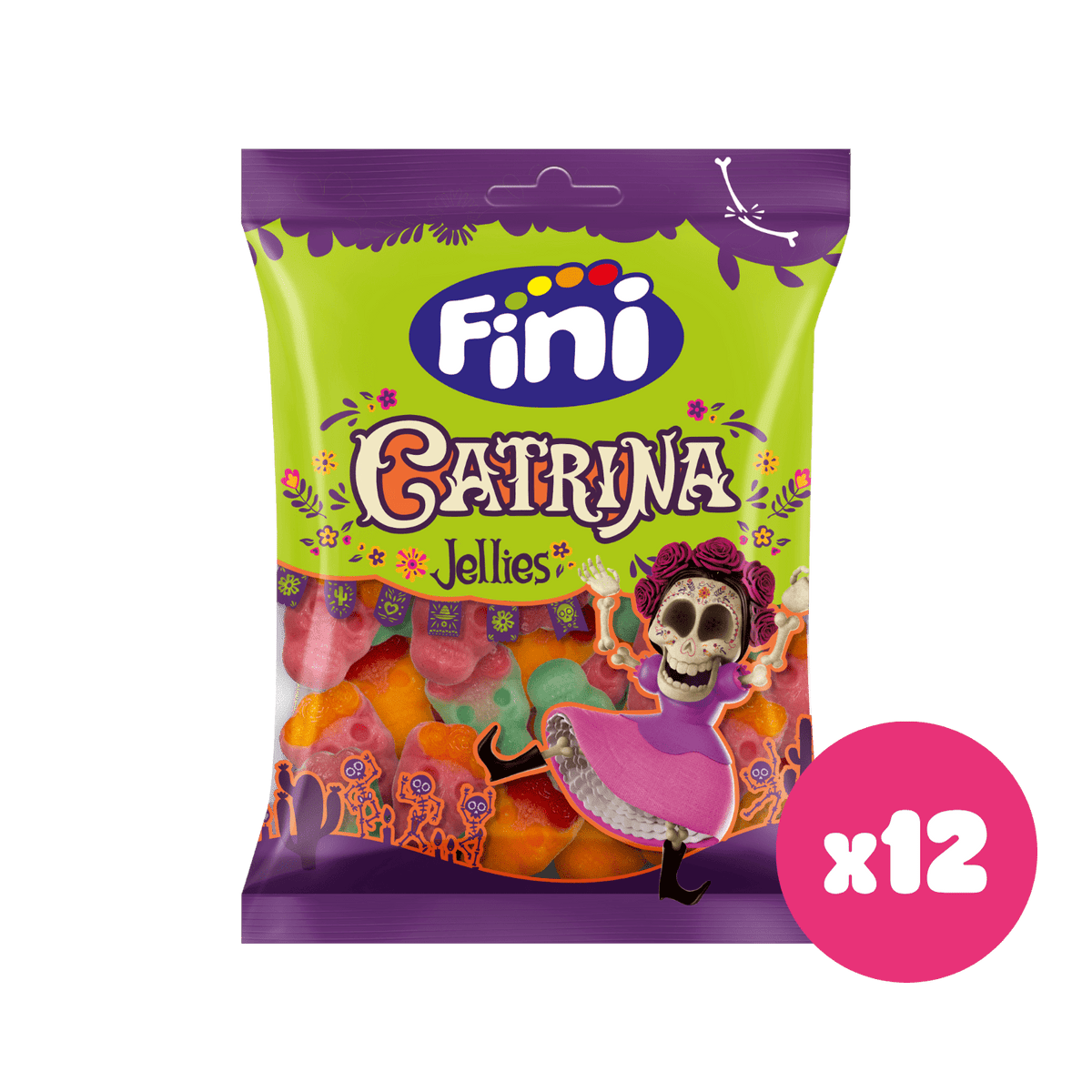 Chuches Halloween Catrina Fini Golosinas - Fresa, melón y melocotón - Caja 12 bolsas de 90 g - Fini Golosinas