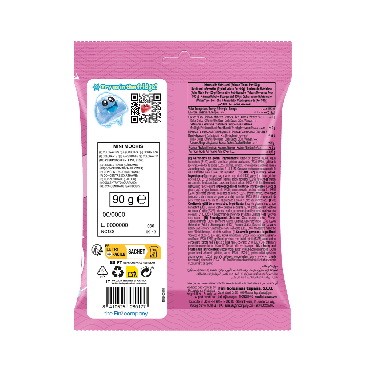Golosinas Mini Mochis Fini Golosinas - Frambuesa, mora y cereza - Caja 12 bolsas de 90 g - Fini Golosinas