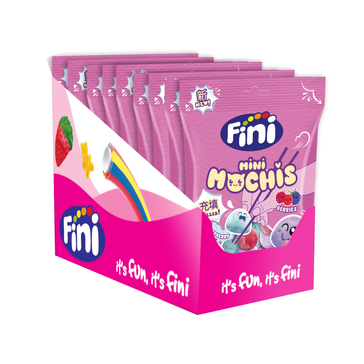 Golosinas Mini Mochis Fini Golosinas - Frambuesa, mora y cereza - Caja 12 bolsas de 90 g - Fini Golosinas
