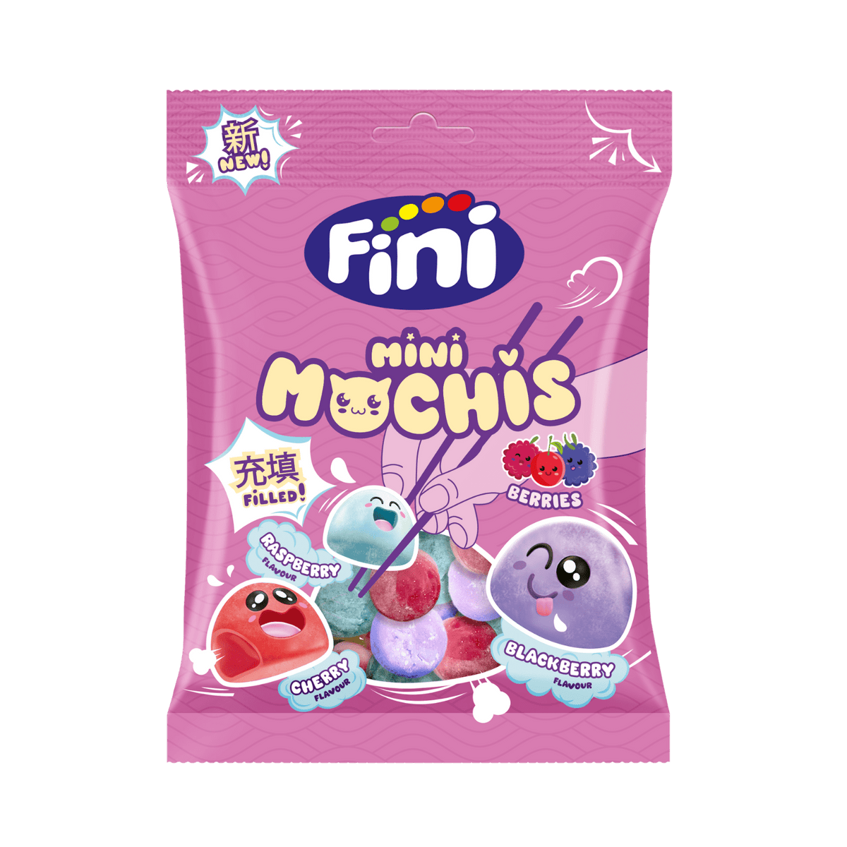 Golosinas Mini Mochis Fini Golosinas - Frambuesa, mora y cereza - Caja 12 bolsas de 90 g - Fini Golosinas