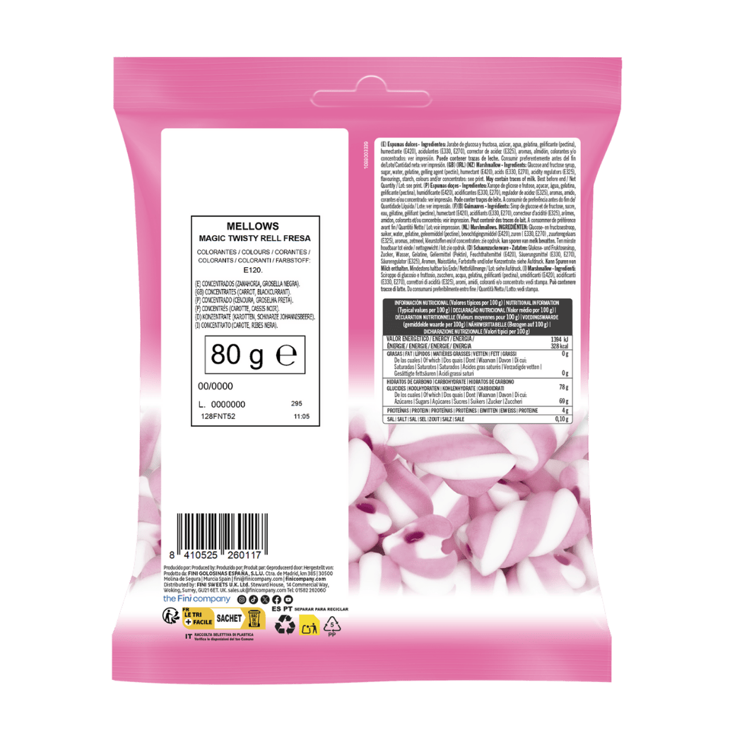 Mellows Magic Twisty Relleno Fresa 12 bolsas de 80g - Fini Golosinas