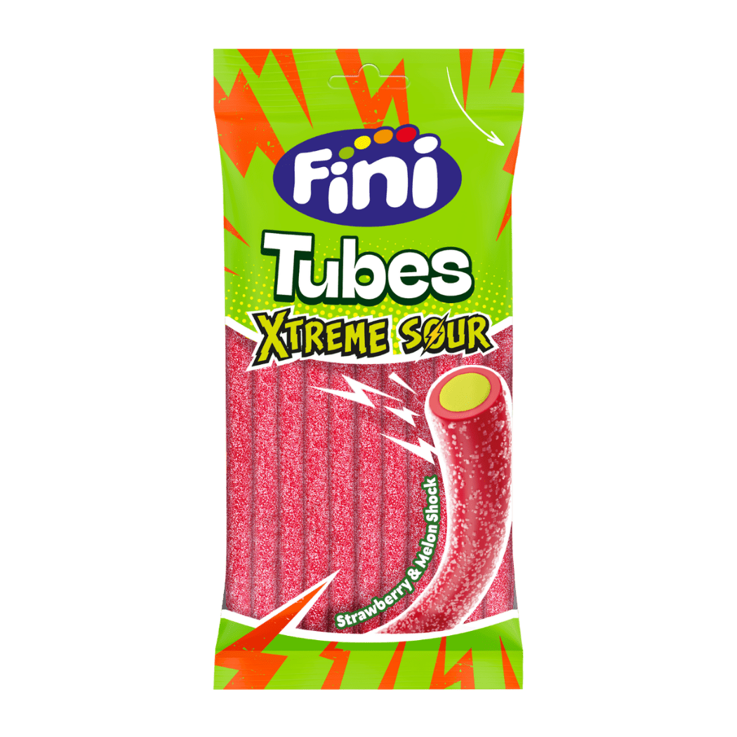 Regaliz Tubes Xtreme Sour Fini Golosinas - Fresa y melón - Caja 12 bolsas de 90 g - Fini Golosinas