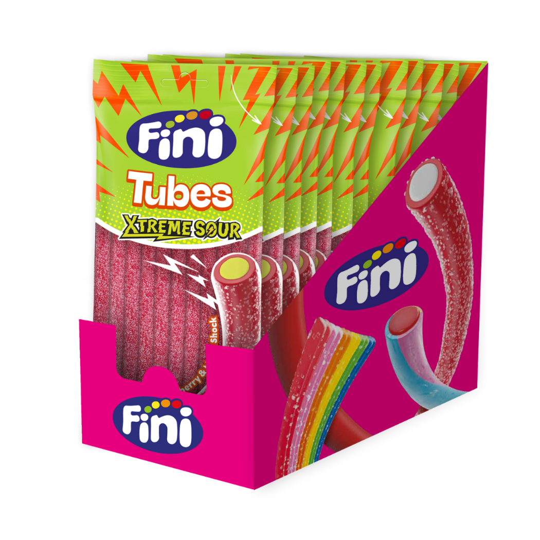 Regaliz Tubes Xtreme Sour Fini Golosinas - Fresa y melón - Caja 12 bolsas de 90 g - Fini Golosinas