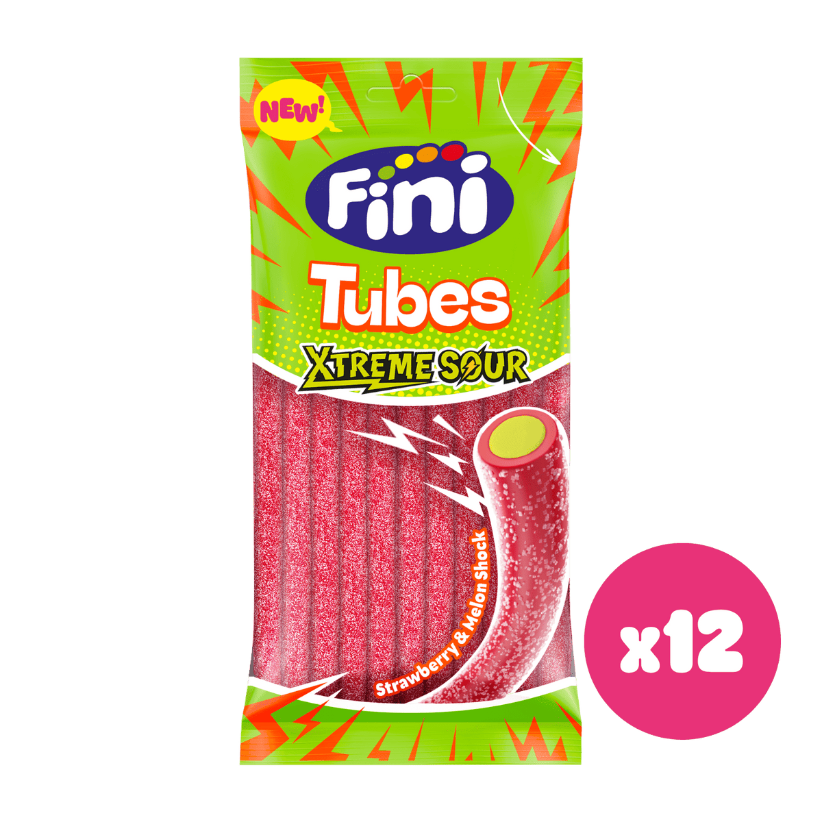 Regaliz Tubes Xtreme Sour Fini Golosinas - Fresa y melón - Caja 12 bolsas de 90 g - Fini Golosinas