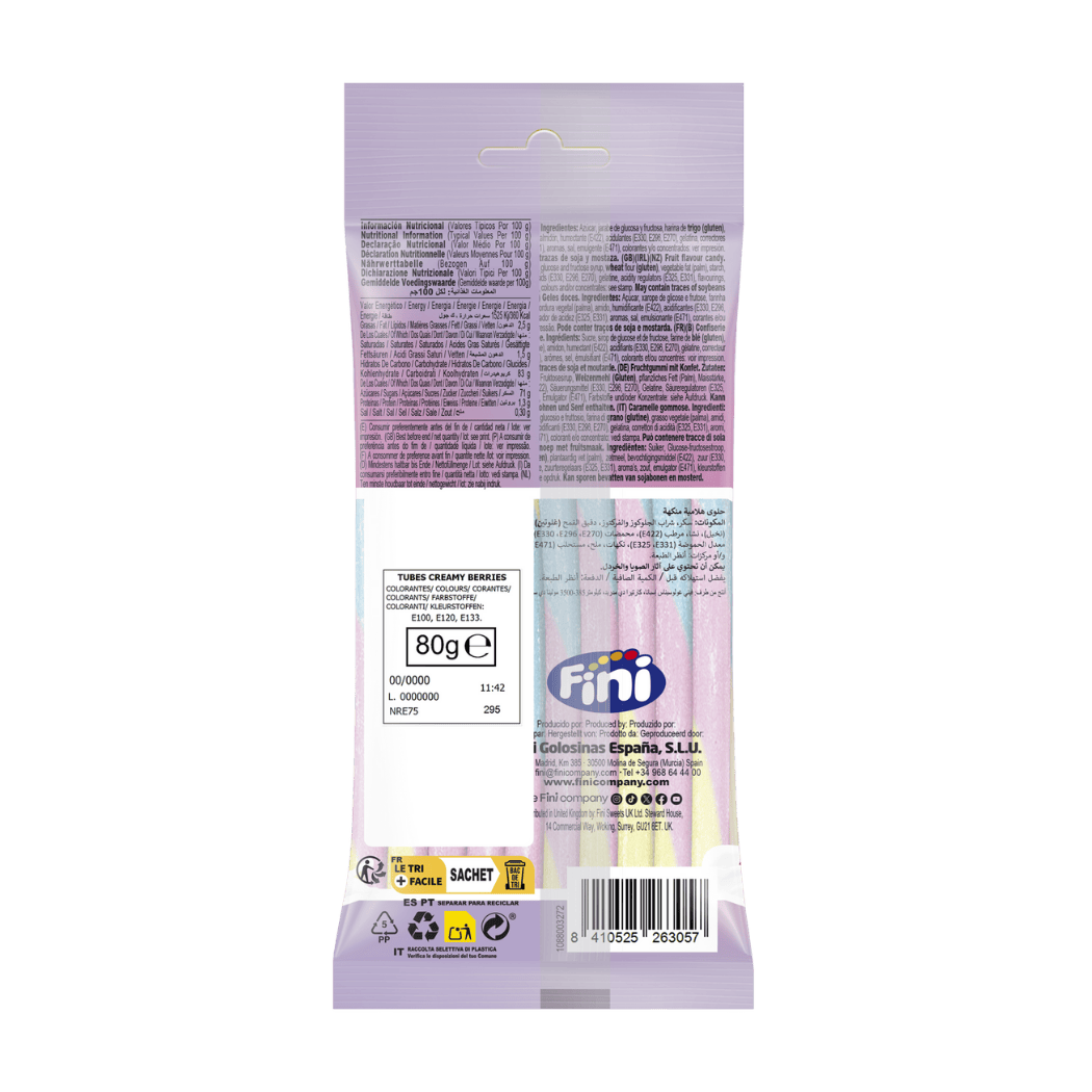 Tubes Creamy Berries 12 bolsas de 80g - Fini Golosinas