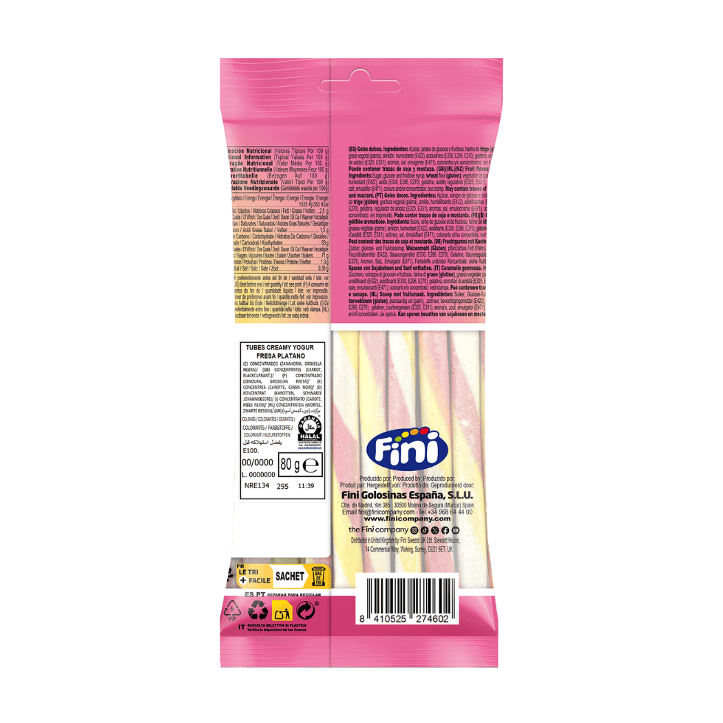 Tubes Creamy Yogur Fresa y Plátano 12 bolsas de 80g - Fini Golosinas