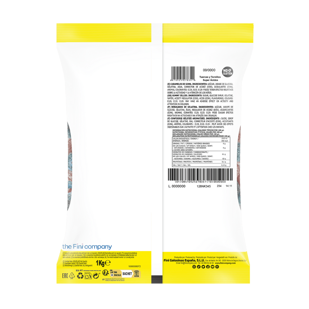 Tuercas y Tornillos Súper Ácida Fresa y Frambuesa Bolsa 1 kg - Fini Golosinas
